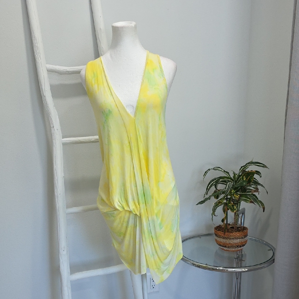 Yellow Tie-Dye V-Neck Draped Tank Cover-Up Dress